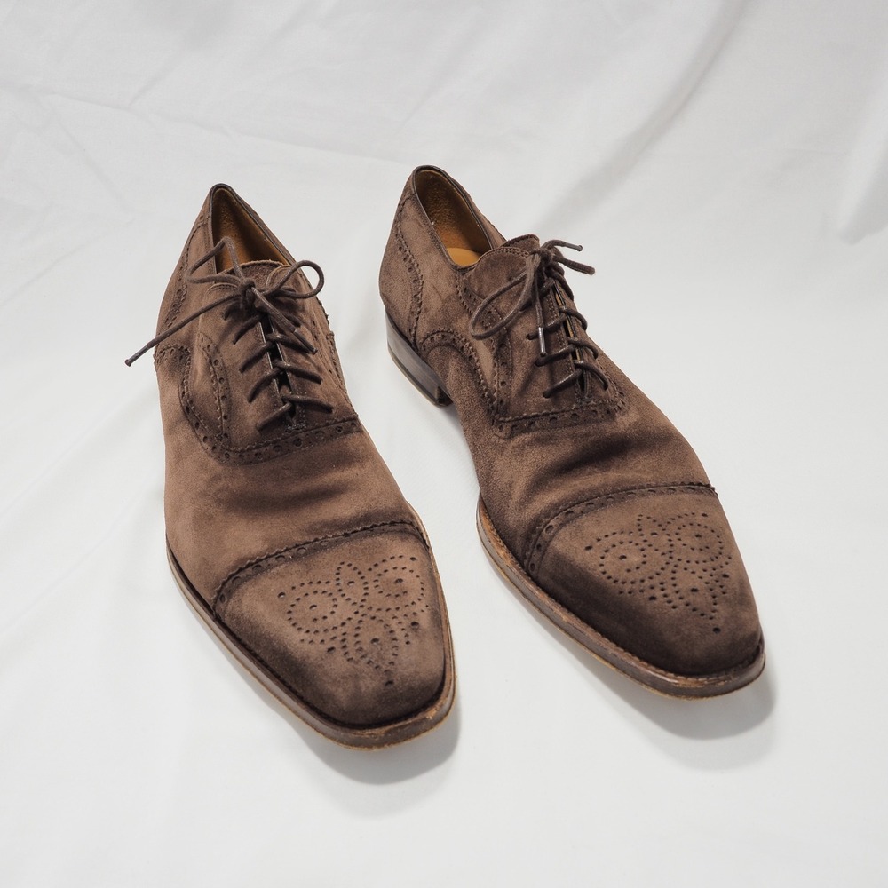 Magnanni Mens 11 Brown Suede Brogue Medallion Cap Toe Oxford Dress Shoes Lace Up